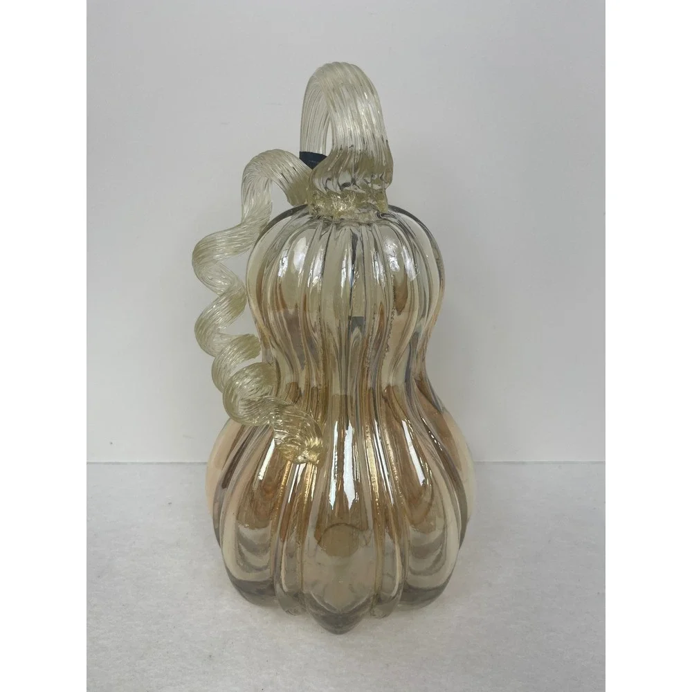 Tahari Home Glass Pumpkin Gourd Champagne Amber Ribbed Luster Fall Decor NEW